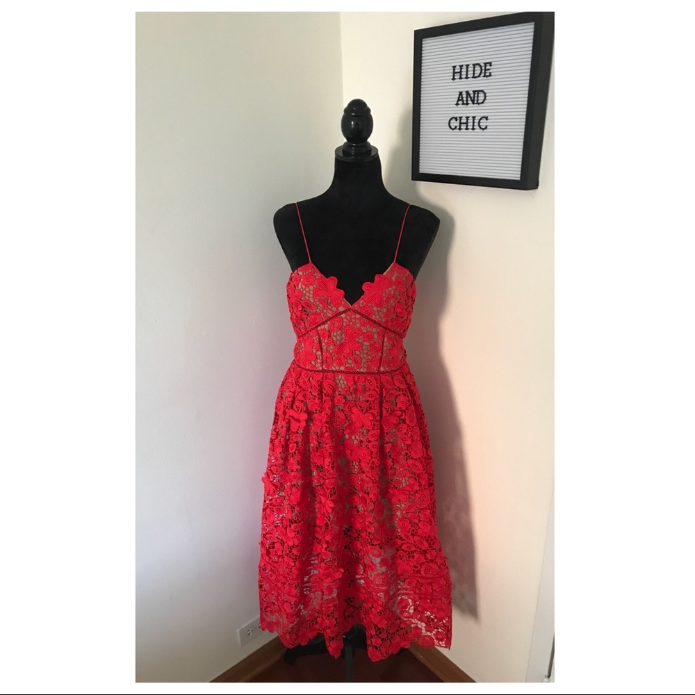 SELF-PORTRAIT RED 3D LACE MIDI DRESS - Picture 2 of 8